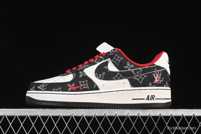 Nike Air Force 1 '07 Low LV Collaboration Black Denim Red Swoosh Casual Sneakers - LW9279-001