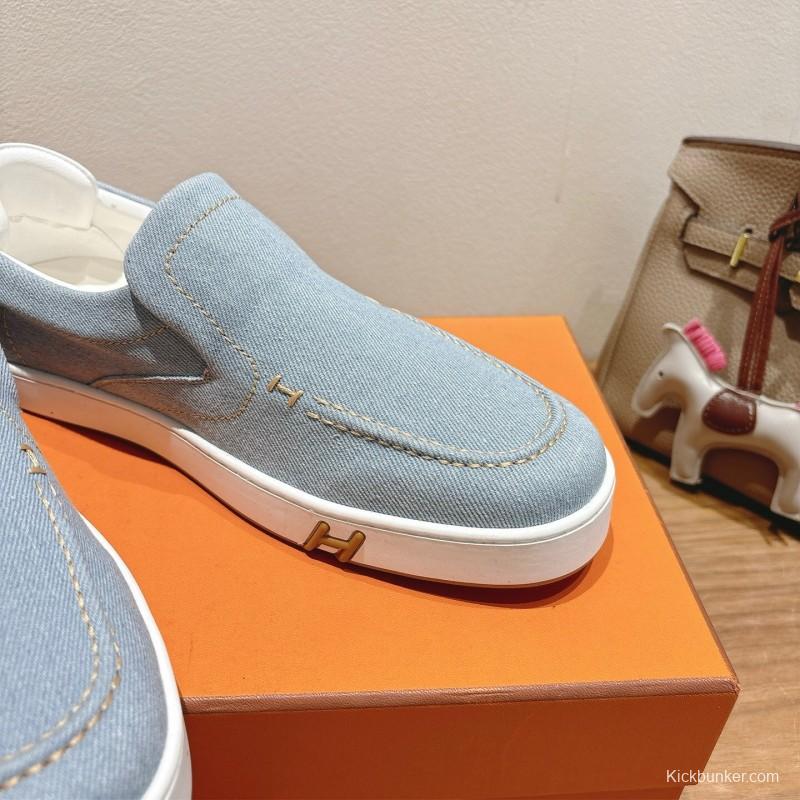 2025 Unisex Hermès Light Blue Canvas Leather Loafers AS00380