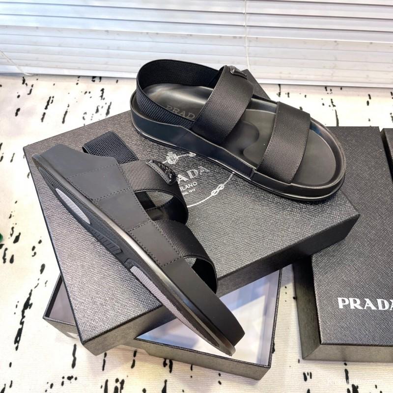 2025 Men Prada Black Fabric Sandals Original Sole KFY00230