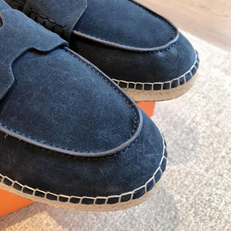 2025 Unisex Hermès Navy Blue Suede Calfskin Loafers AS00380