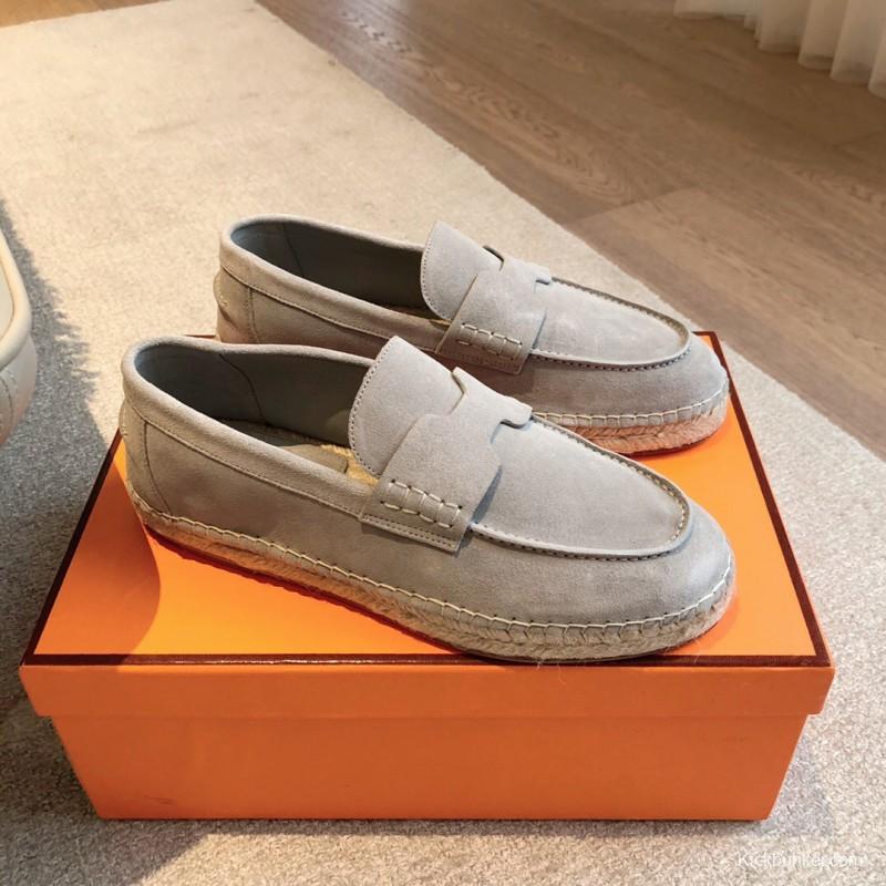 2025 Unisex Hermès Light Grey Calfskin Suede Loafers AS00380