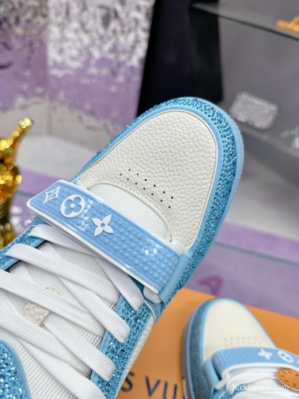 2025 Unisex Louis Vuitton Blue White Leather Denim Plimsolls Beaded LV Trainer AS00400