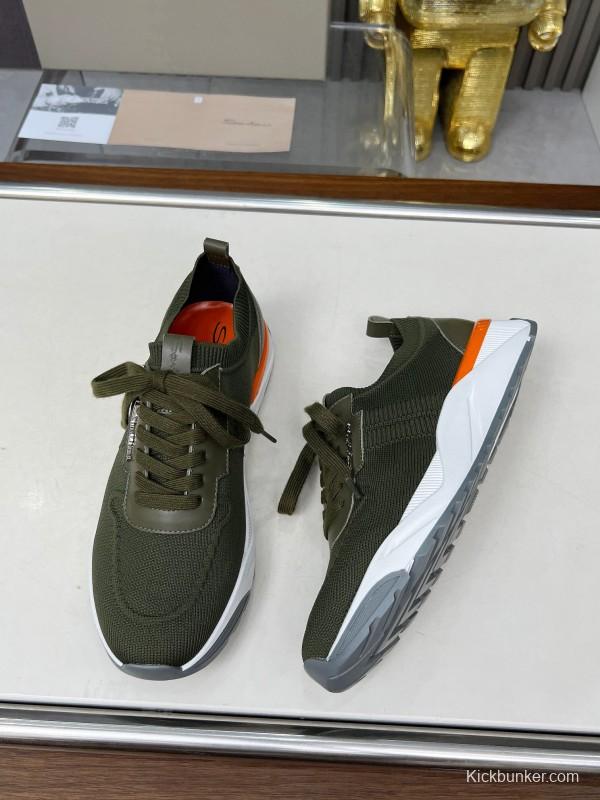 2025 Unisex Santoni Military Green Orange Wool Blend Knit Sneakers AS00320