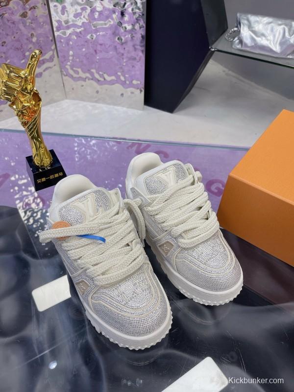 2025 Unisex Louis Vuitton White Crystal Leather Plimsolls Bing Bing AS00420