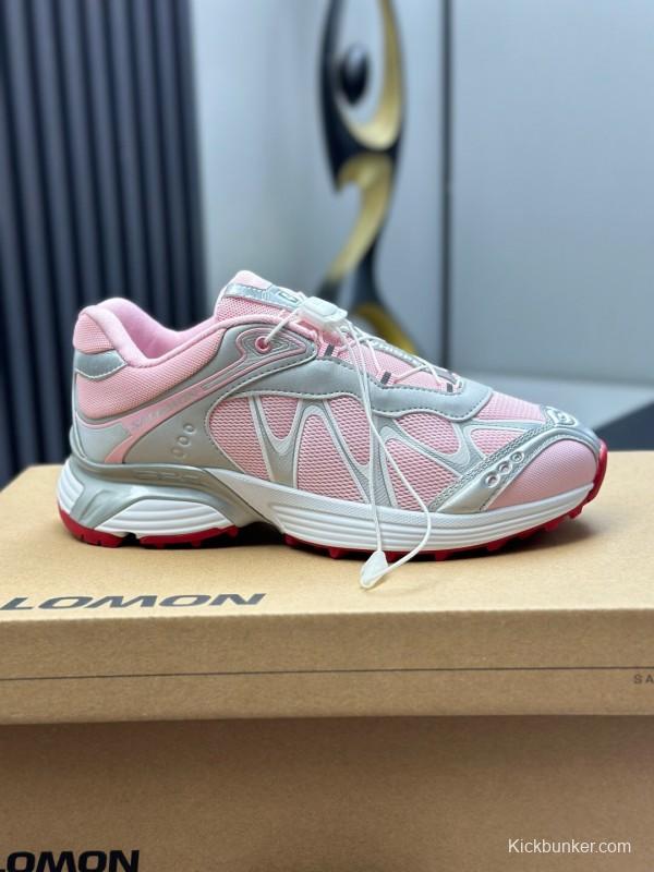 2025 Women SALOMON Pink White Leather Mesh Sneakers KFY00320