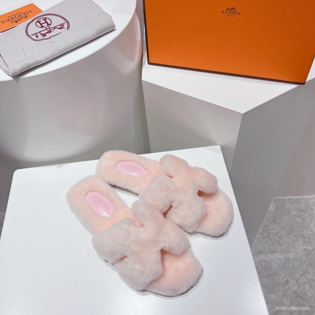 Hermès Teddy Wool H Slippers Flat Sole Fur Slides - LY00240