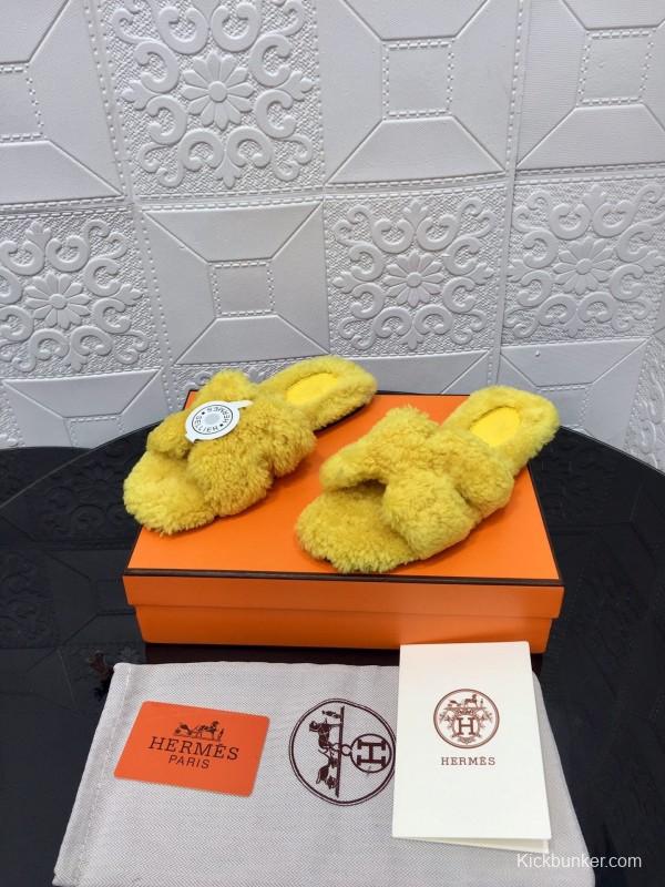 H Teddie Wool H Slippers Flat Sole Fur Slides - LY00240