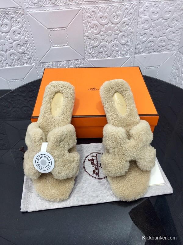 H Teddy Wool H Slippers Flat Sole Winter Home Shoes - LY00240