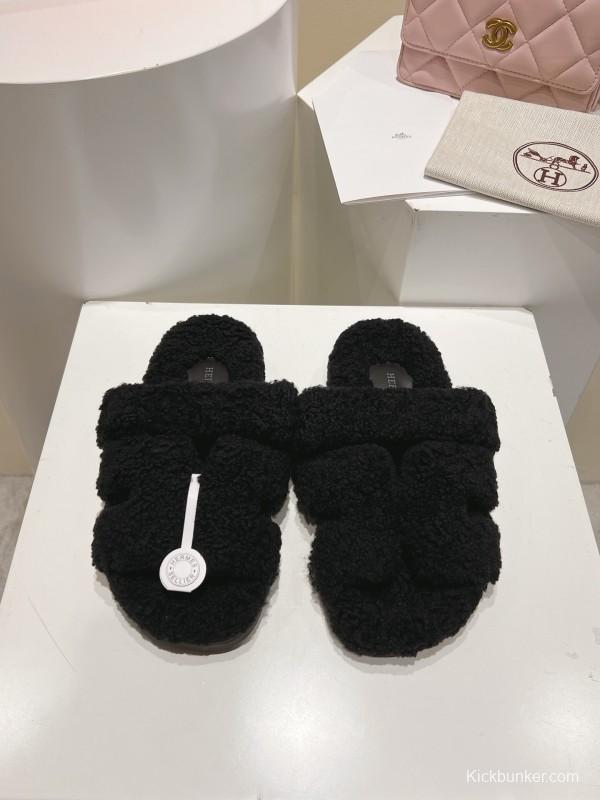 H Love Erjiu Full Wool Slippers with Wavy Fur Design - LY00270