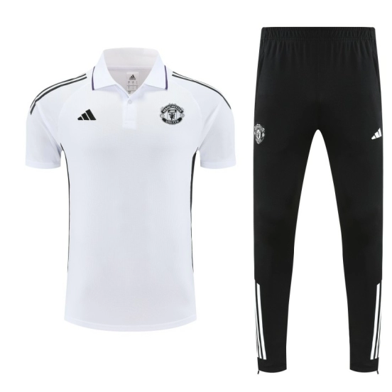 26/27  Manchester United White Polo Training Shirt + Long Pants Tracksuit