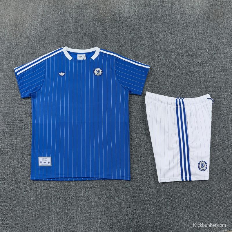 26/27 Chelsea FC  Blue  Stripes Short Sleeve+ White Soccer Shorts