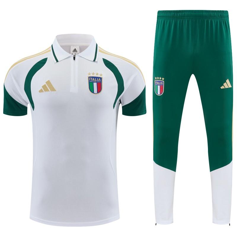 2026 Italy White & Green Half-Zip Polo Short Sleeve Tracksuit + Long Pants
