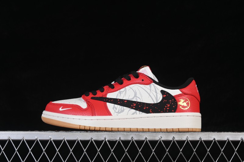Nike Travis Scott x Fragment Design x Air Jordan 1 Low OG SP Casual Lifestyle Sneakers with Reversed Swoosh and White Red Ink Splatter Design - NH0601-063