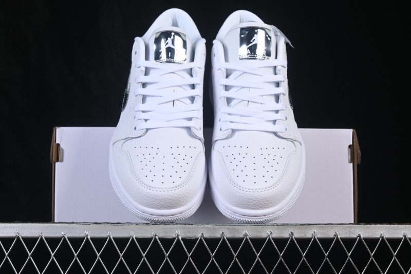 Nike Air Jordan 1 Low Retro Basketball Shoes with All-White Silver Swoosh - IQ9381-100