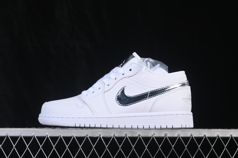 Nike Air Jordan 1 Low Retro Basketball Shoes with All-White Silver Swoosh - IQ9381-100