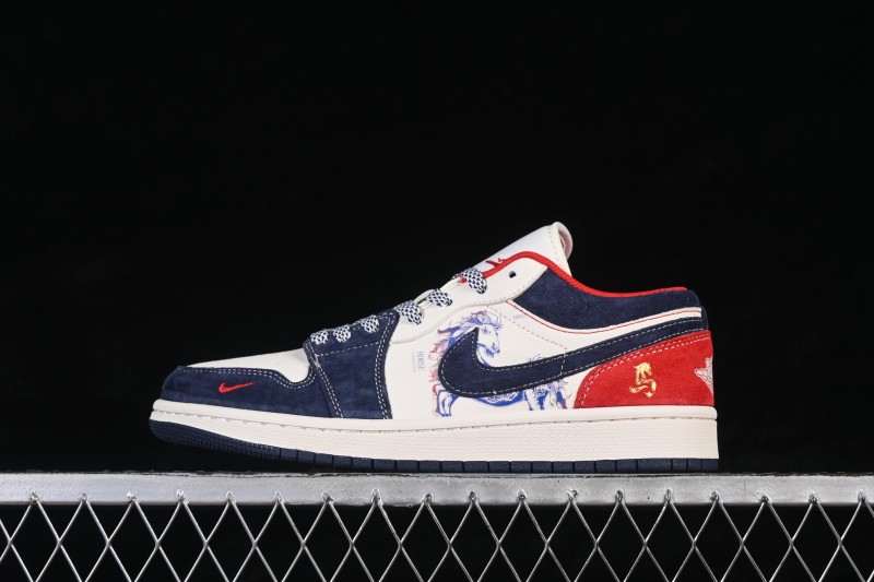Nike Air Jordan 1 Low Retro Basketball Shoes with Premium White-Blue-Red Color Blocking and Custom Detailing - JY6988-135