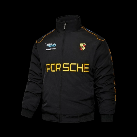 2026 F1 Porsche Motorsport Black Racing Jacket with Gold Lettering and Crest Badge
