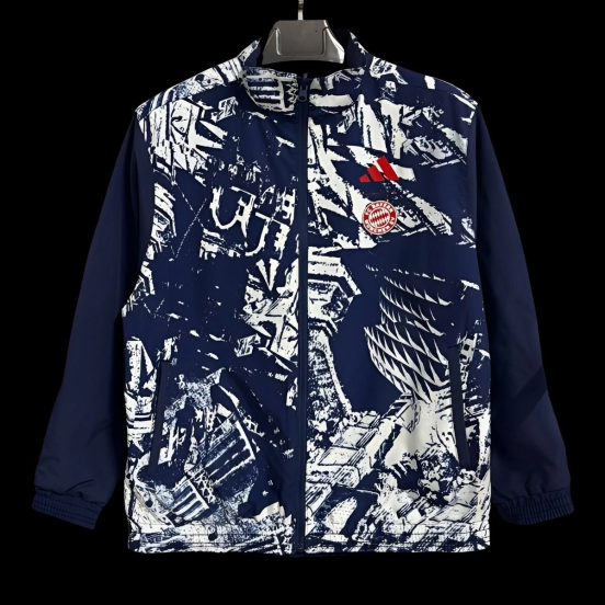 25/26 Bayern Munich Navy Blue with White Abstract Graffiti Pattern Full Zipper Windbreaker